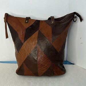 Lucky Brand Brown Chevron Leather X-Large Tote Crossbody Bag